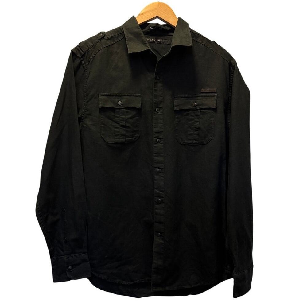 Sean John Mens Black Solid Tailored Fit XL Pockets Long Sleeve Button Up Shirt
